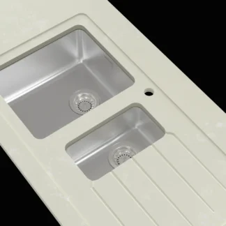Minerva Calcutta White S/Steel Sink Module R25 Sink Duo Bowl RHB 25mm 3050 X 650