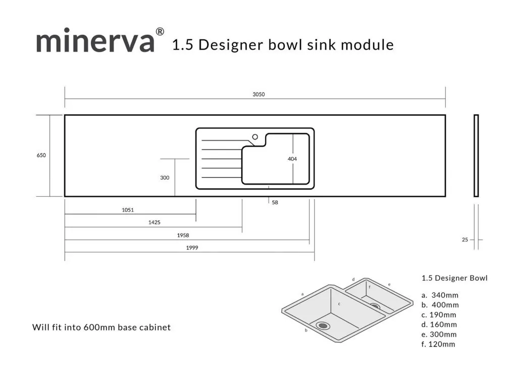 Minerva Grey Crystal S/Steel Sink Module R25 Sink Designer Bowl RHB 25mm 3050 X 650 - Image 4