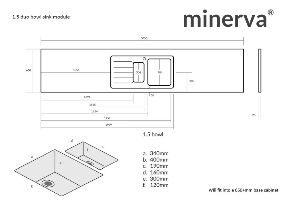 Minerva Carrara White S/Steel Sink Module R25 Sink Duo Bowl RHB 25mm 3050 X 650 - Image 5