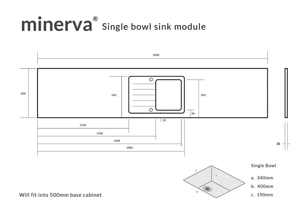 Minerva Blue Venato S/Steel Sink Module R25 Sink Single Bowl RHB 25mm 3050 X 650 - Image 4
