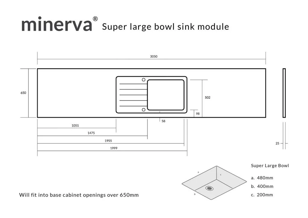 Minerva Carrara White S/Steel Sink Module R25 Sink Super Bowl LHB 25mm 3050 X 650 - Image 5
