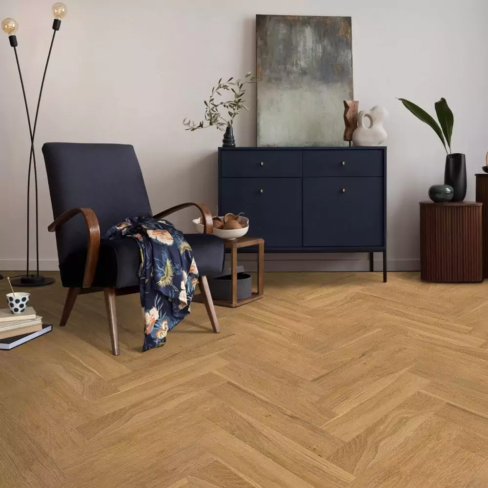 Liberty Floors Herringbone Parquet 14mm Engineered Oak Smoked Brushed & White Oiled Flooring
