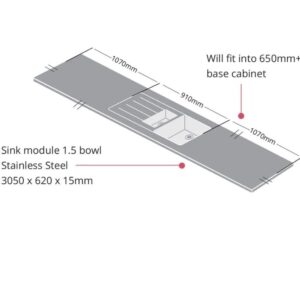 Metis Brown Fleck S/Steel Sink Module 1.5 Duo Bowl 3050 x 620 x 15mm