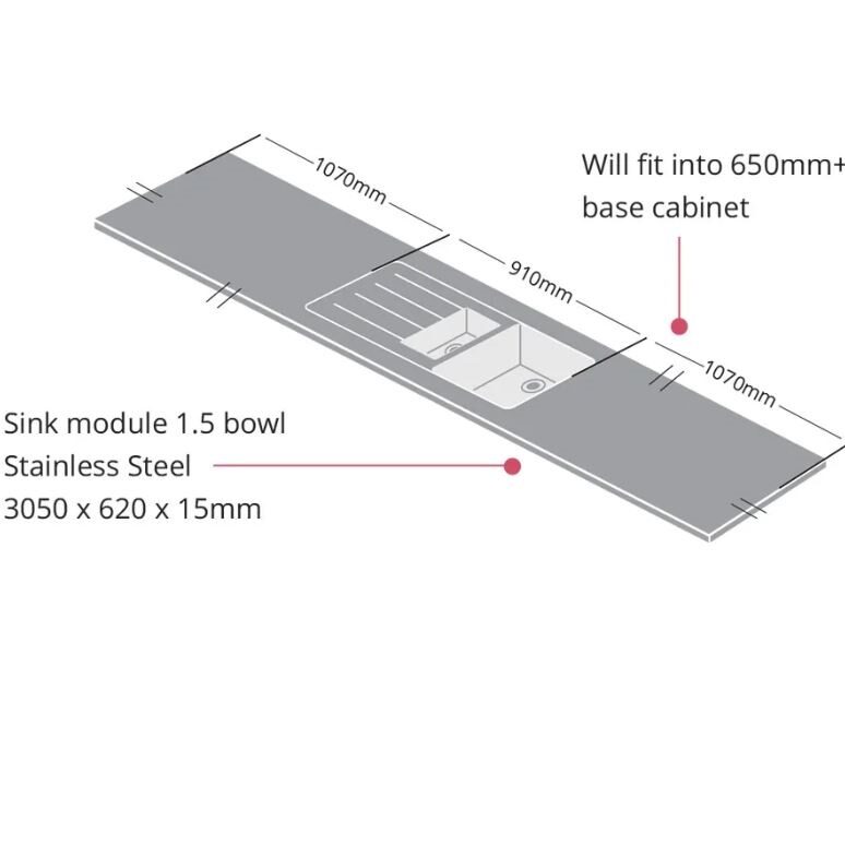 Metis Brown Fleck S/Steel Sink Module 1.5 Duo Bowl 3050 x 620 x 15mm - Image 2