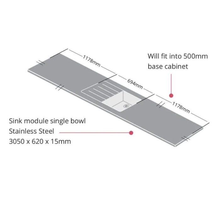 Buy Metis Ice S/Steel Sink Module Single Bowl 3050 x 620 x 15mm Online ...