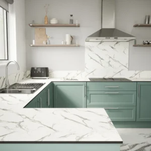 Mariz Vena White 3050 x 640 x 12mm Worktop w/ 1.5 Designer Bowl Stainless Steel Undermount Sink 10mm Radius RHB