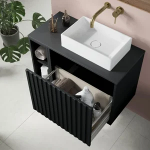 Scudo Alfie 800mm Fluted Vanity Unit Kit With Worktop, Side Unit, Sit On Basin - Matte Black