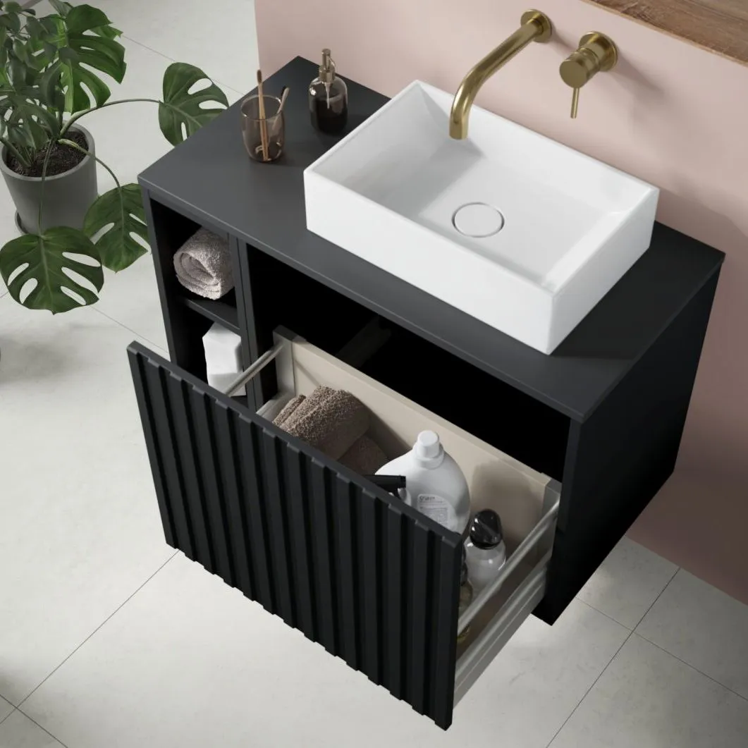 Scudo Alfie 800mm Fluted Vanity Unit Kit With Worktop, Side Unit, Sit On Basin - Matte Black