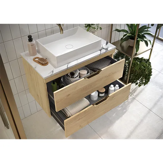 Scudo Aubrey 800mm Wall Mounted Vanity Unit With White Basin - Davos Oak - Image 2