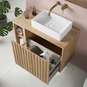 Scudo Alfie 800mm Fluted Vanity Unit Kit With Worktop, Side Unit, Sit On Basin - Sonoma Oak