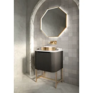 Scudo Linea Curve 600mm Vanity Unit With Brass Legs and White Basin - Sonoma Oak