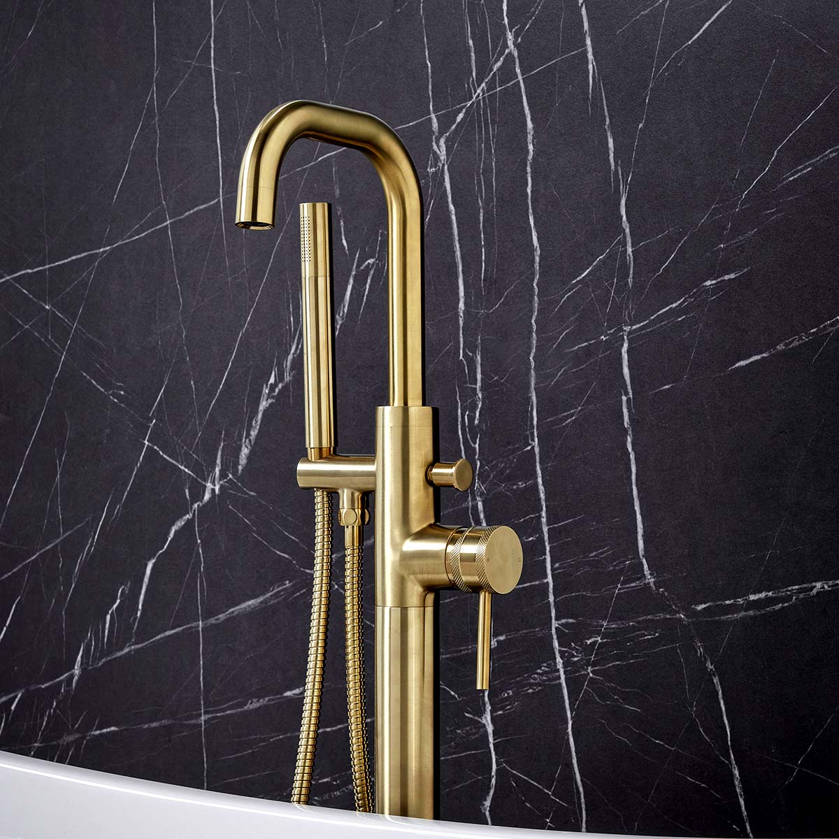Scudo Core Freestanding Bath Shower Mixer - Brushed Brass - Image 2