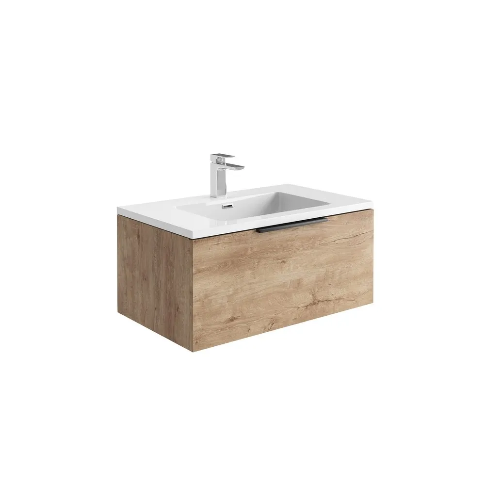Scudo Ambience 800mm LED Wall Mounted Vanity Unit With White Basin - Rustic Oak