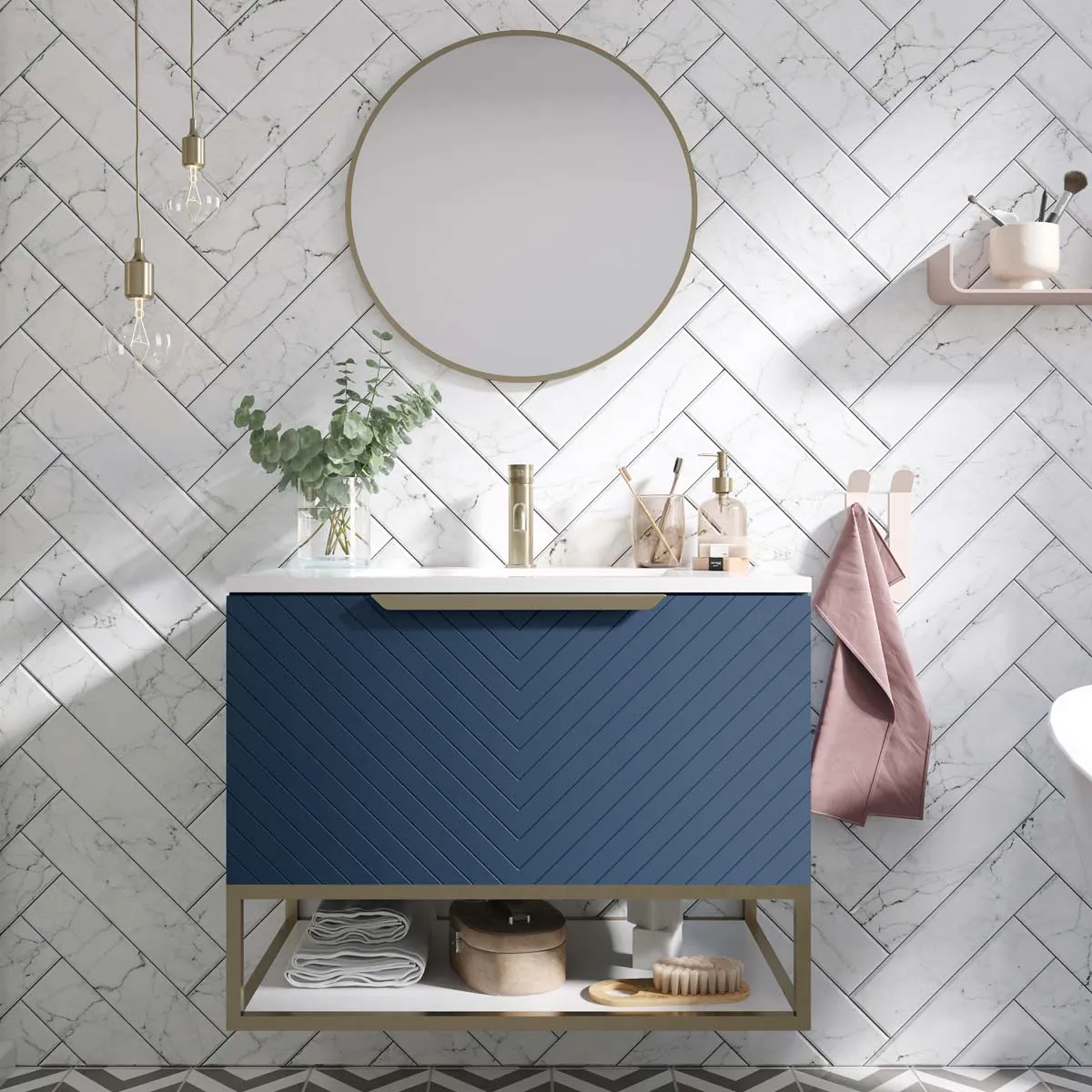 Scudo Chevron 800mm Wall Mounted Vanity Unit With White Basin - Matte Twilight Blue - Image 2