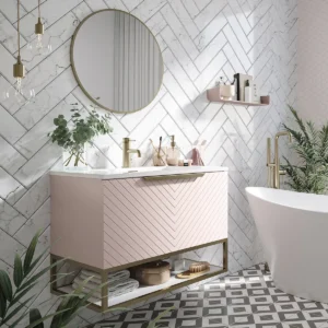 Scudo Chevron 800mm Wall Mounted Vanity Unit With White Basin - Matte Pastel Pink