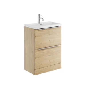 Scudo Muro 600mm Floor Standing 2 Drawer Unit With White Ceramic Basin - Davos Oak