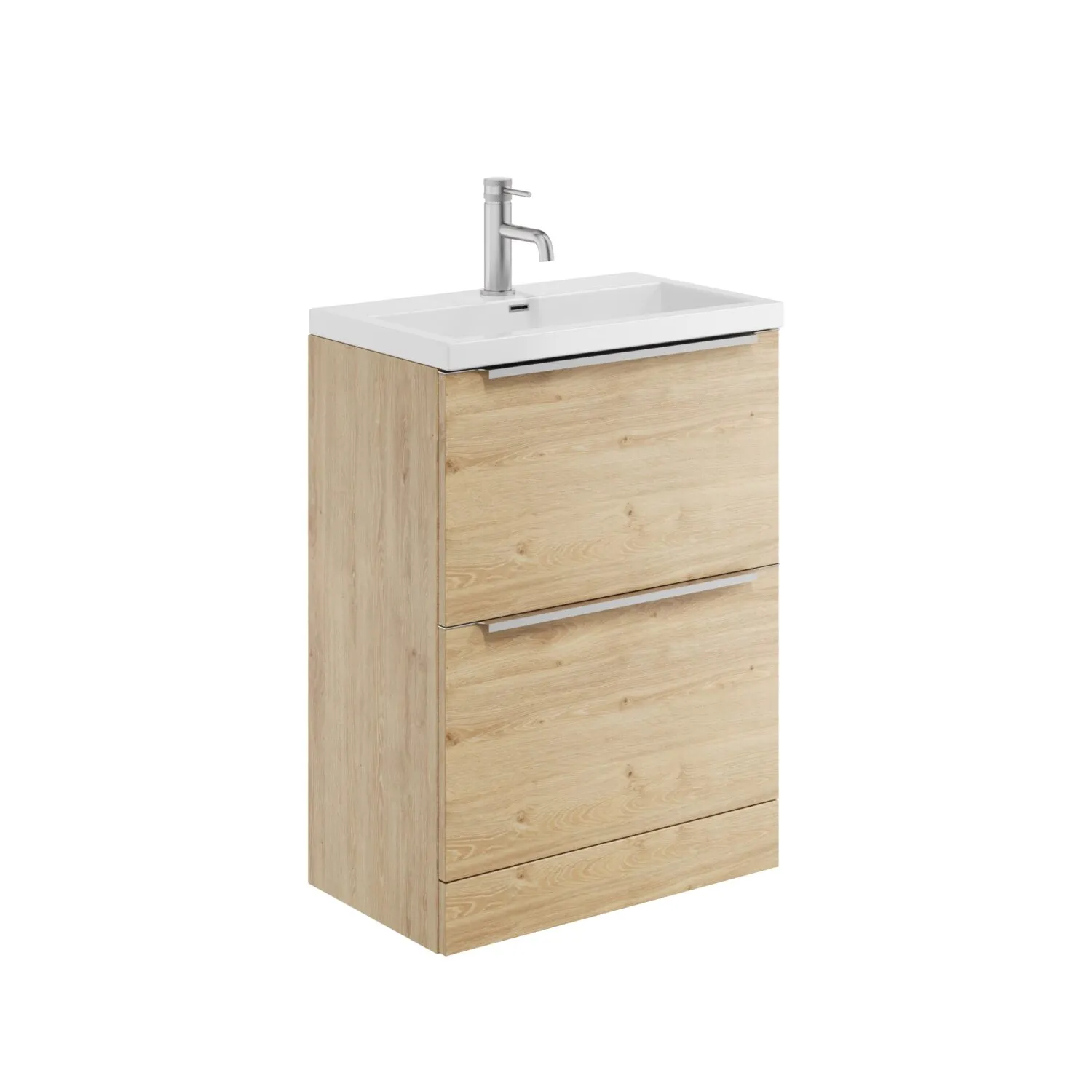 Scudo Muro 600mm Floor Standing 2 Drawer Unit With White Ceramic Basin - Davos Oak
