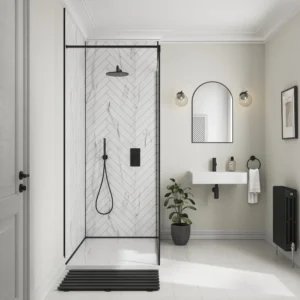 Showerwall Laminate White Marble Herringbone Tile SWT03 2400 x 600 Proclick