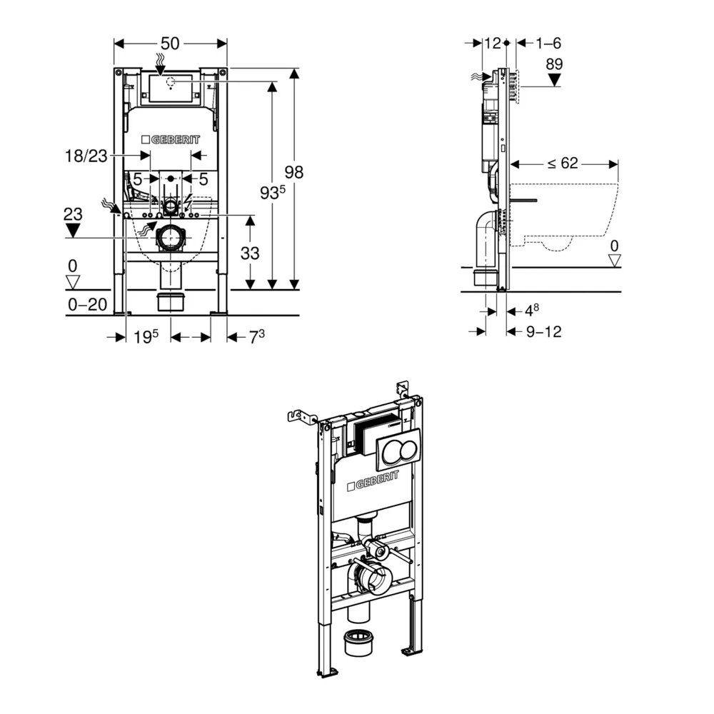 Geberit Duofix Alpha Element For Wall-Hung WC 98cm + Concealed Cistern + Round Flush Plate - Image 2