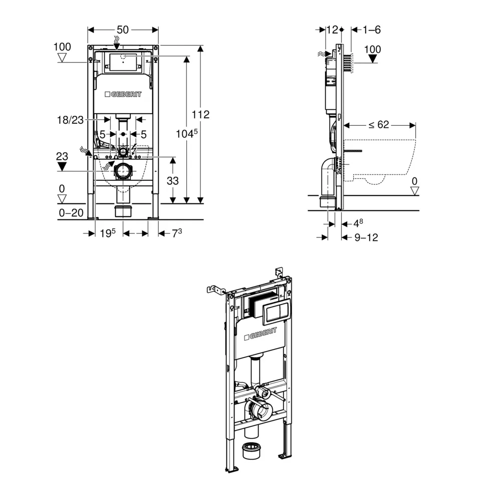 Geberit Duofix Alpha Element For Wall-Hung WC 112cm + Concealed Cistern + Square Flush Plate - Image 2