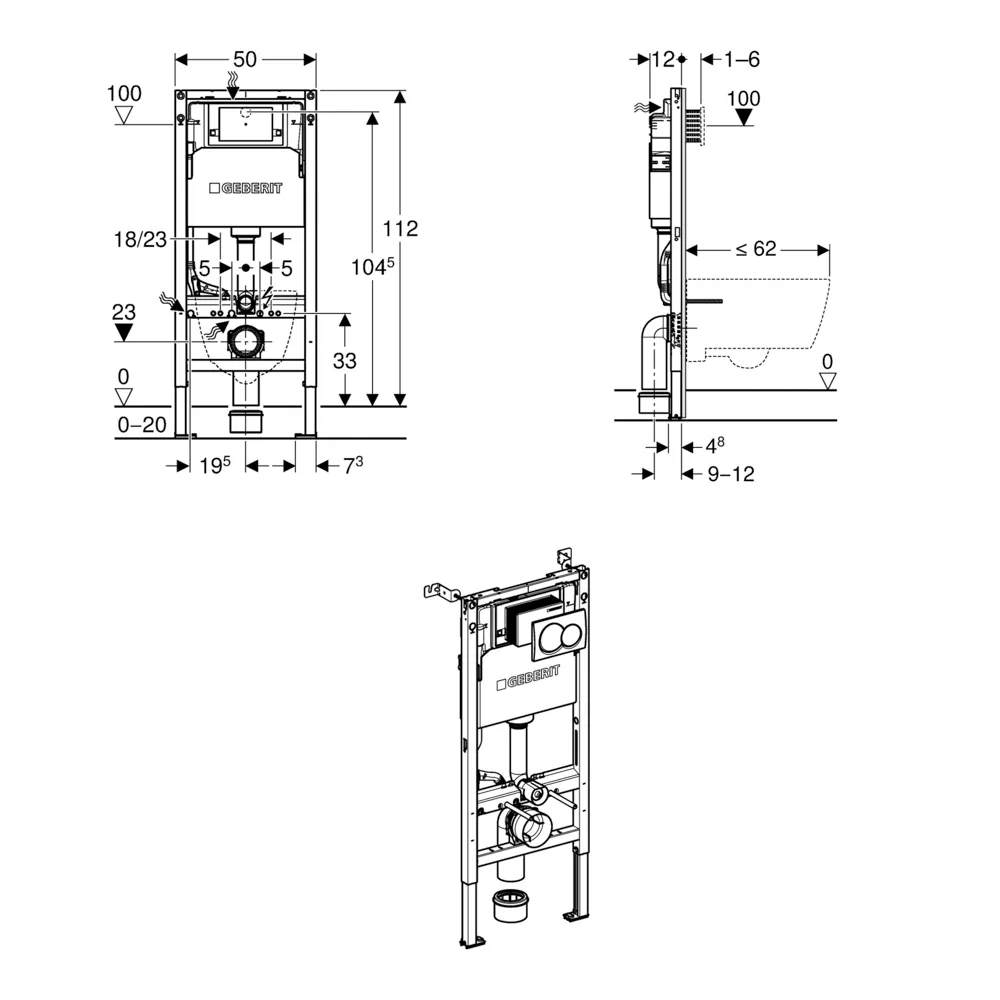 Geberit Duofix Alpha Element For Wall-Hung WC 112cm + Concealed Cistern + Round Flush Plate - Image 2