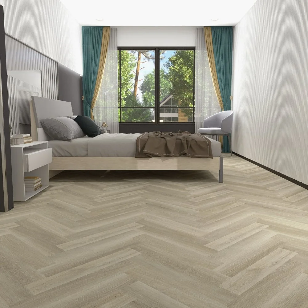 Modern bedroom with wood effect LVT flooring